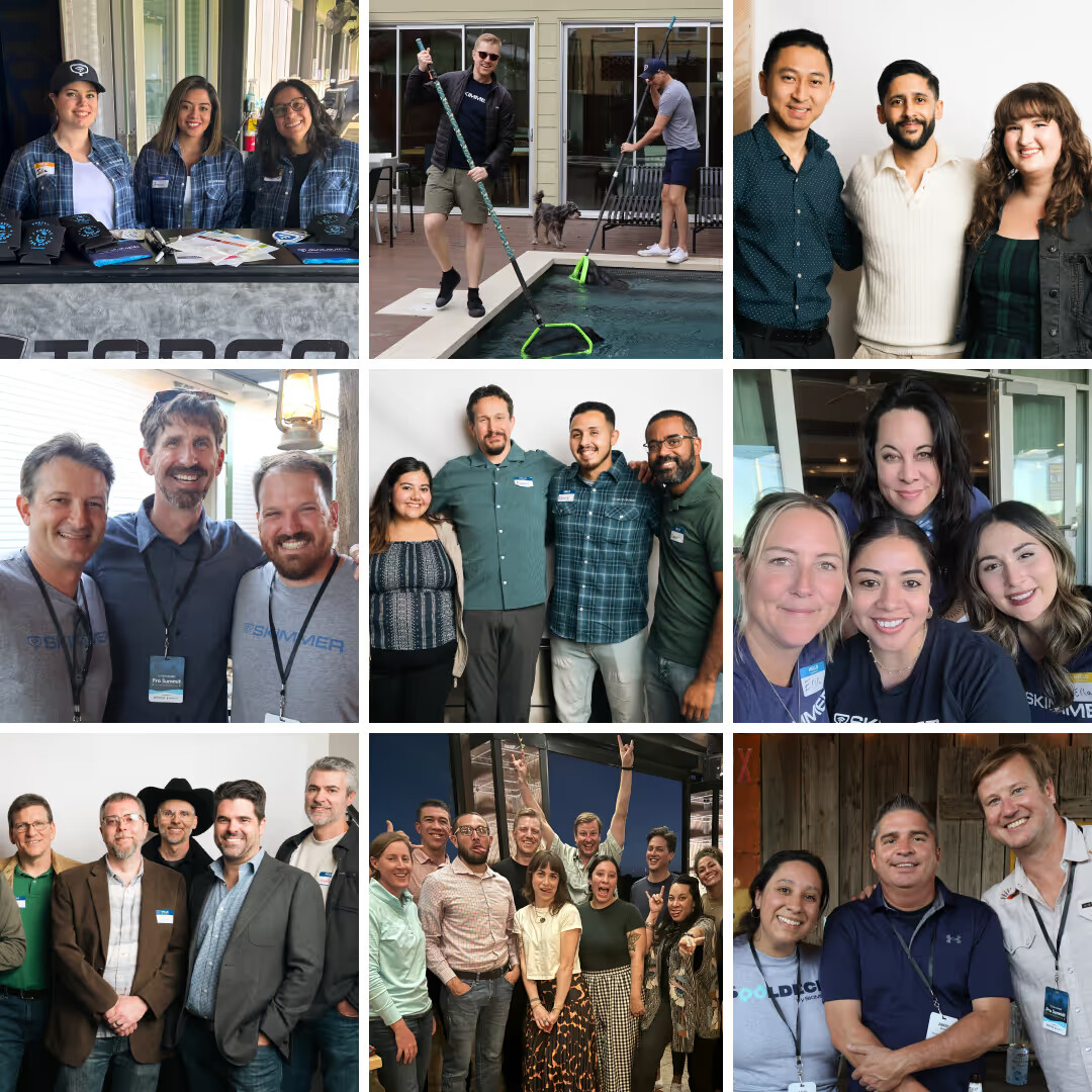 Collage of Skimmer team members at work, events and beside a swimming pool