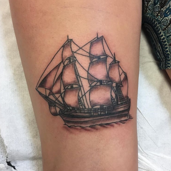 A sailing ship tattoo with detailed rigging and shaded sails, from Skin Deep’s portfolio