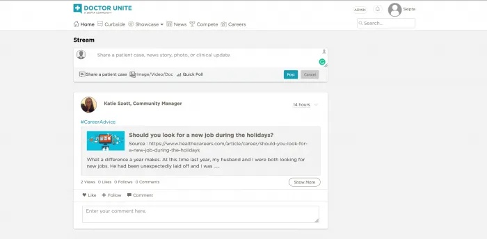 Historical Doctor Unite stream showing a community manager’s post and controls for sharing a patient case, images and a poll