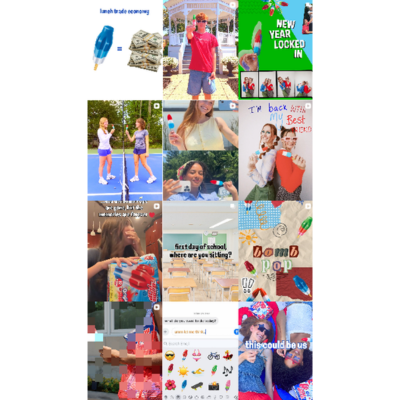 A grid of colorful Bomb Pop social posts featuring teenagers, summer scenes, jokes and scrapbook-style graphics