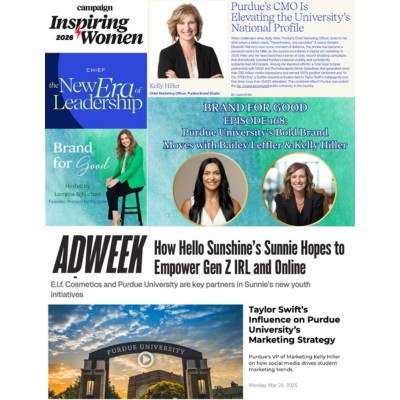Collage of Purdue Brand Studio press and campaign coverage