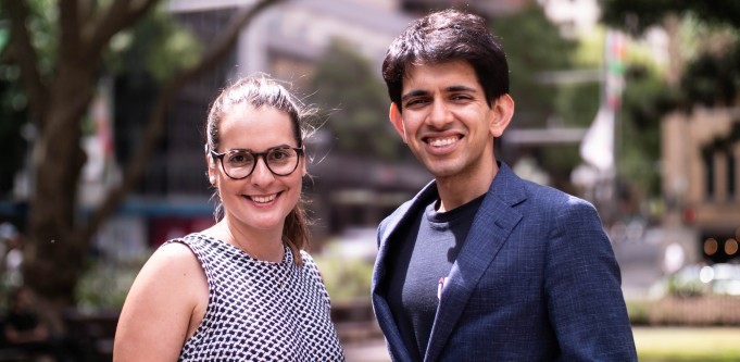 Skye Theodorou, left, and upcover co-founder Anish Sinha outdoors in 2019