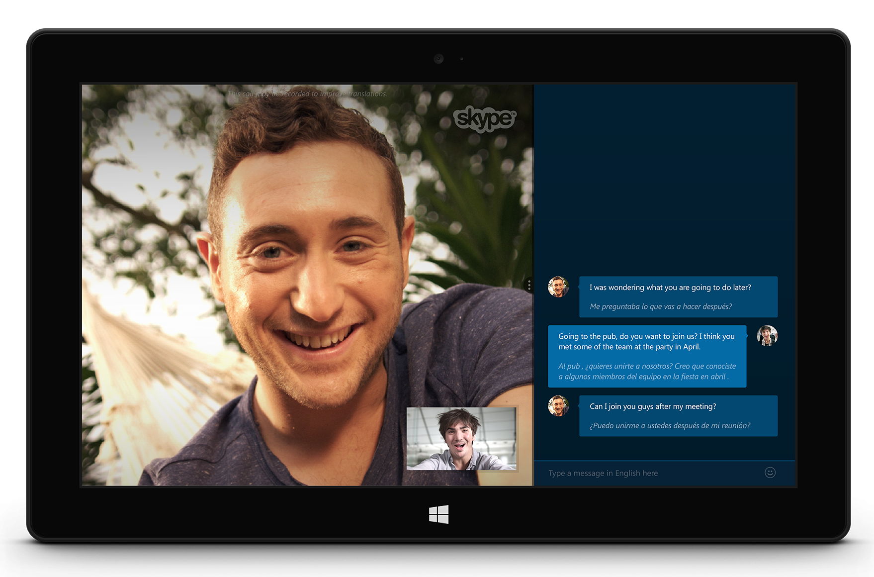 Historical Skype Translator interface with video on the left and English-Spanish translated messages on the right