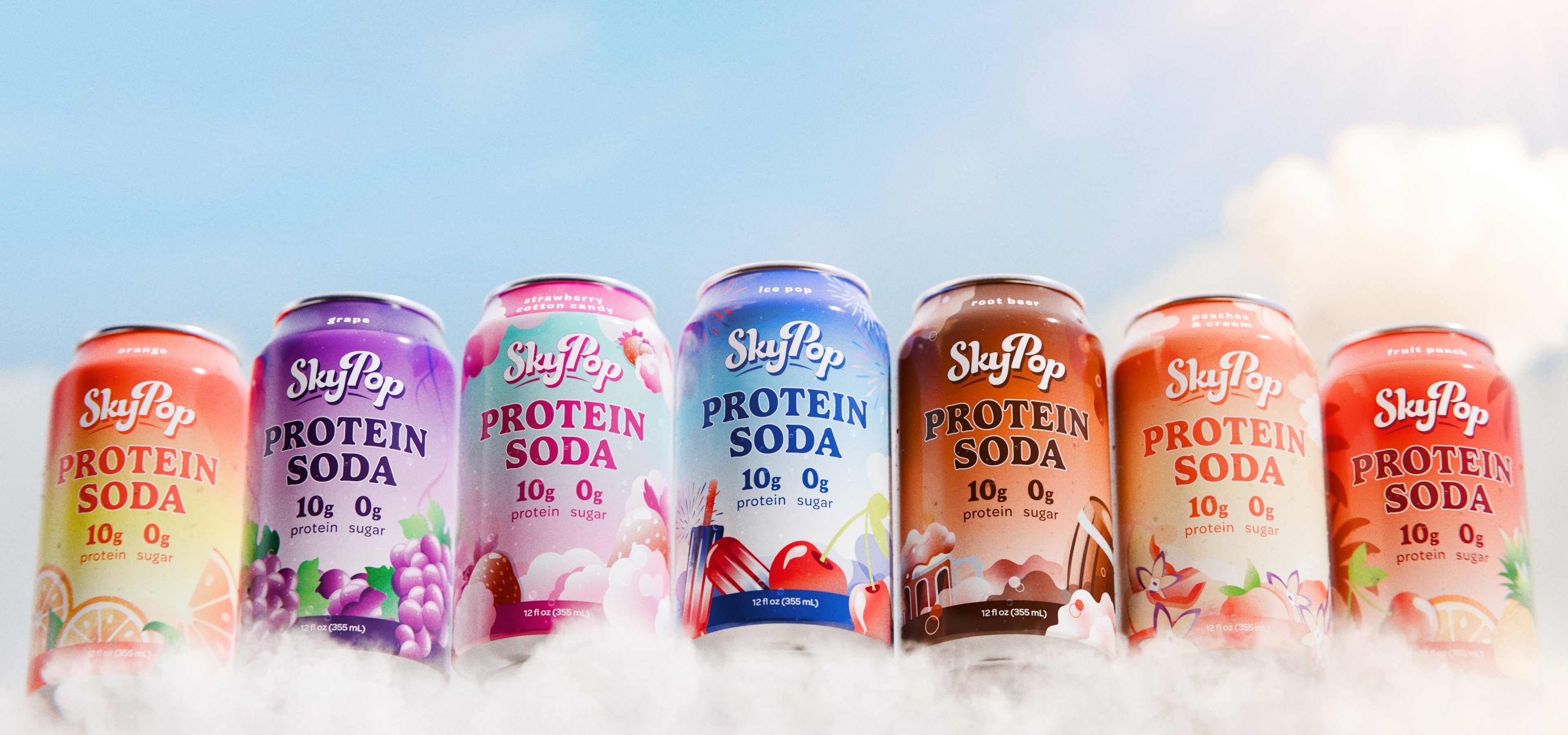 Seven colorful SkyPop Protein Soda cans arranged against a cloudy blue sky