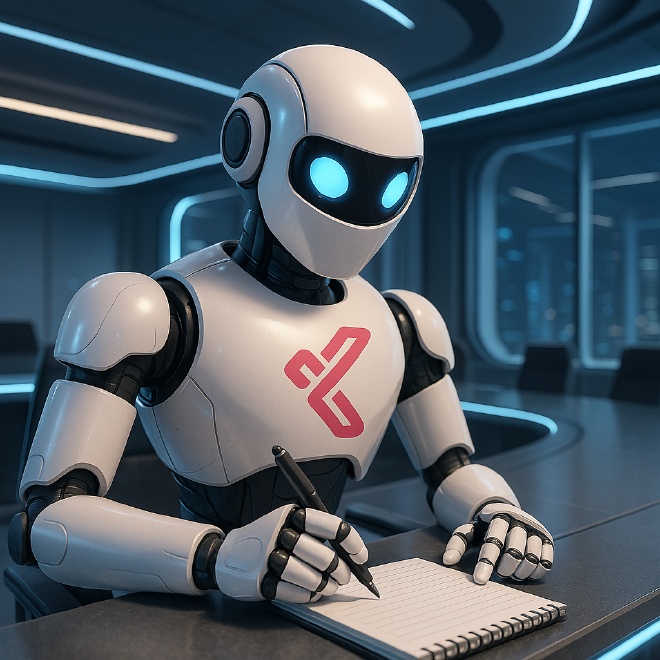 Kandy promotional illustration of a robot taking notes