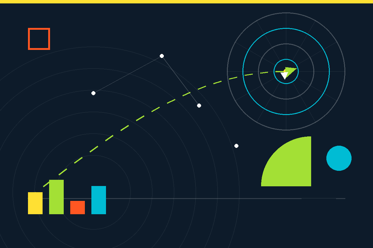 Swiss-style graphic of an autonomous flight path rising toward a radar ring, with payload bars and geometric shapes