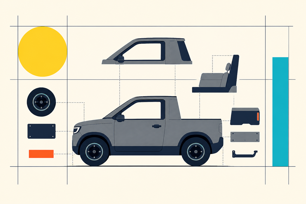 Minimal Swiss-style exploded view of a gray modular electric pickup and its removable parts