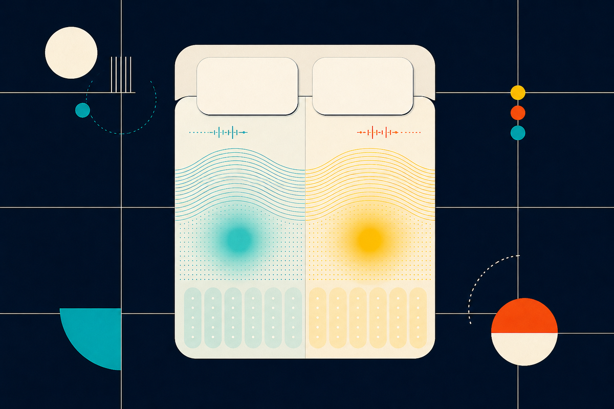 Abstract Swiss-style illustration of a smart bed with two independently tuned sleep zones