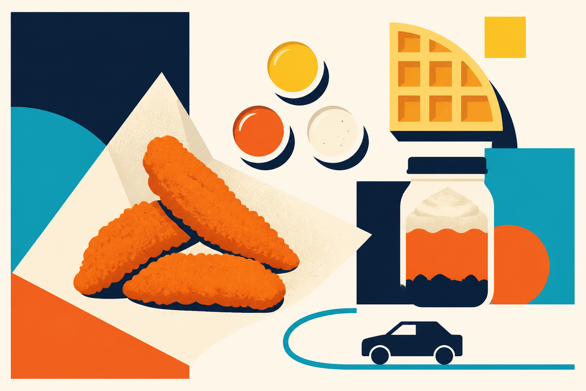 Geometric Swiss-style illustration of chicken tenders, dipping sauces, a waffle, a jar dessert and a drive-thru route