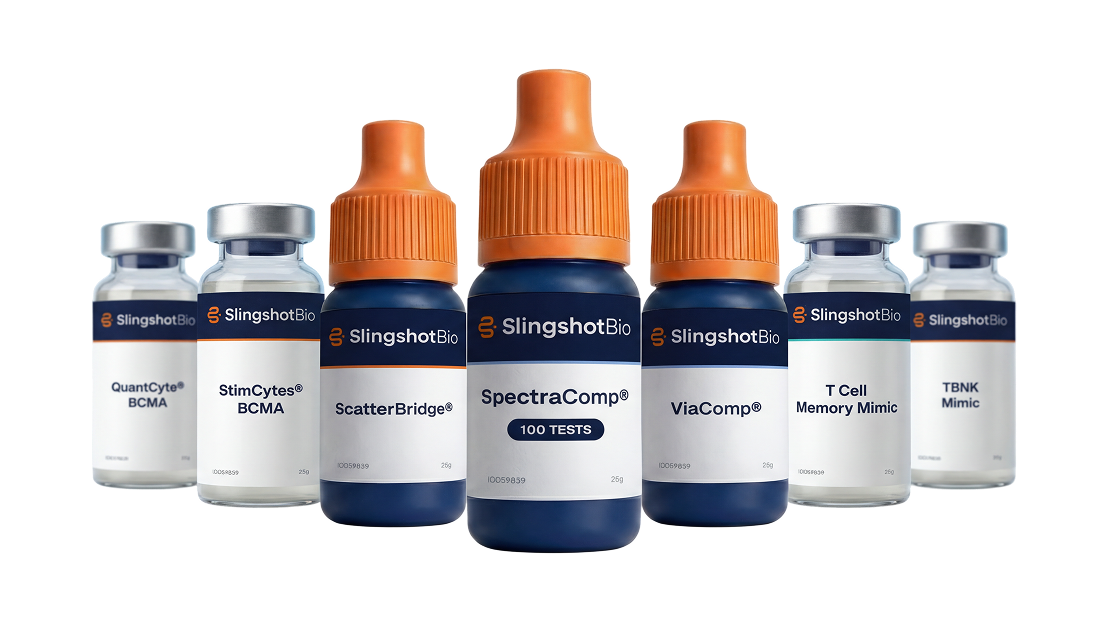 Range of Slingshot Bio control reagent vials including SpectraComp, ViaComp and ScatterBridge