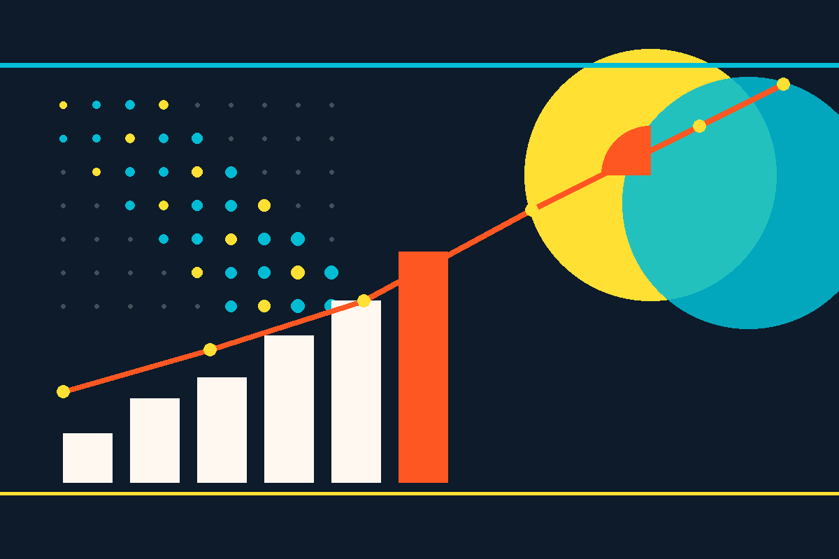 Swiss-style graphic showing a rising line, bar chart and overlapping circles in navy, yellow, teal and orange