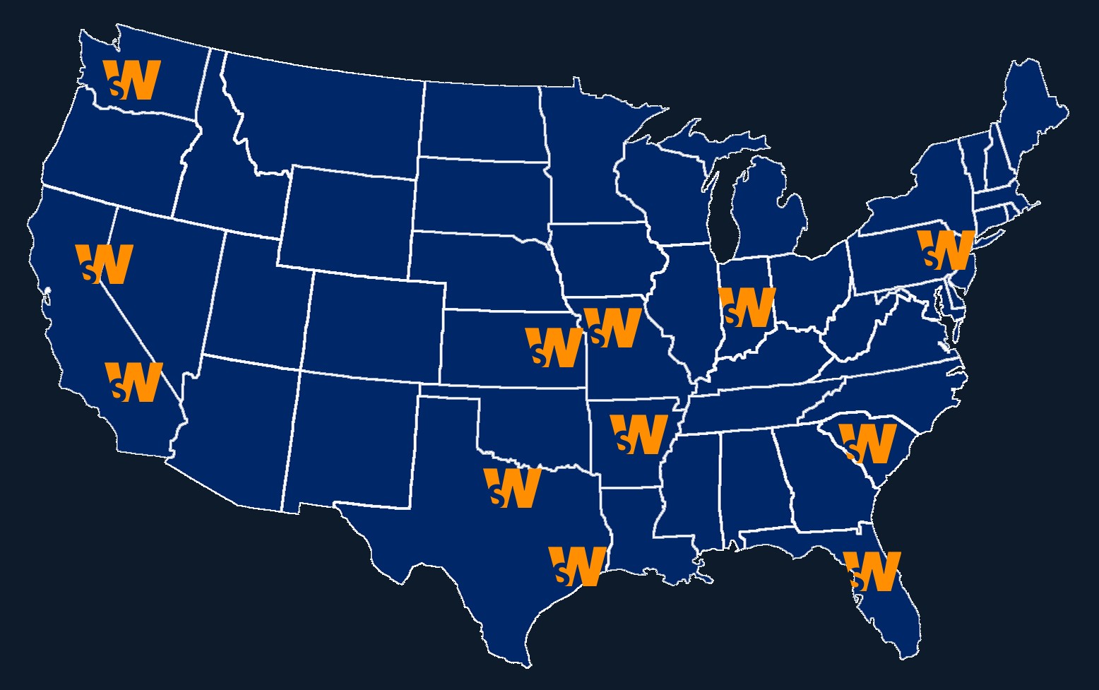 Map of Smart Warehousing's U.S. warehouse network