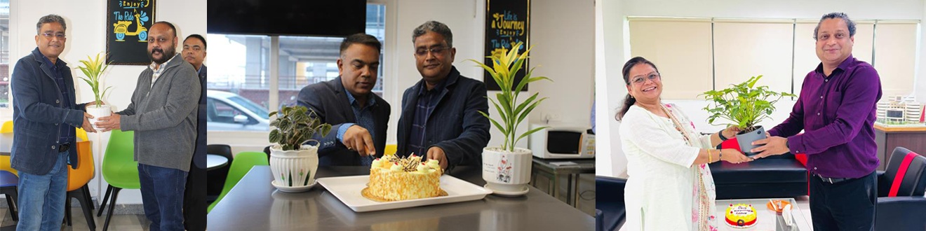 smartData colleagues exchange potted plants and cut a cake during Founders’ Day celebrations in 2025