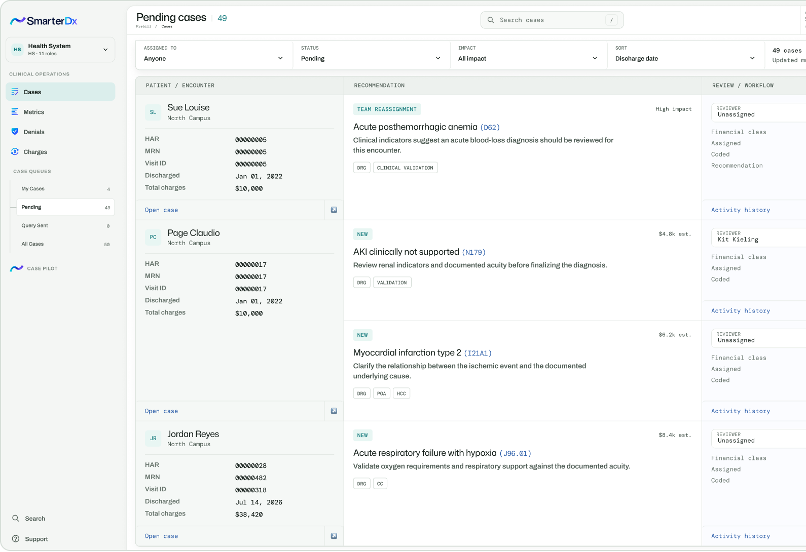 SmarterPrebill dashboard showing chart findings and clinical evidence
