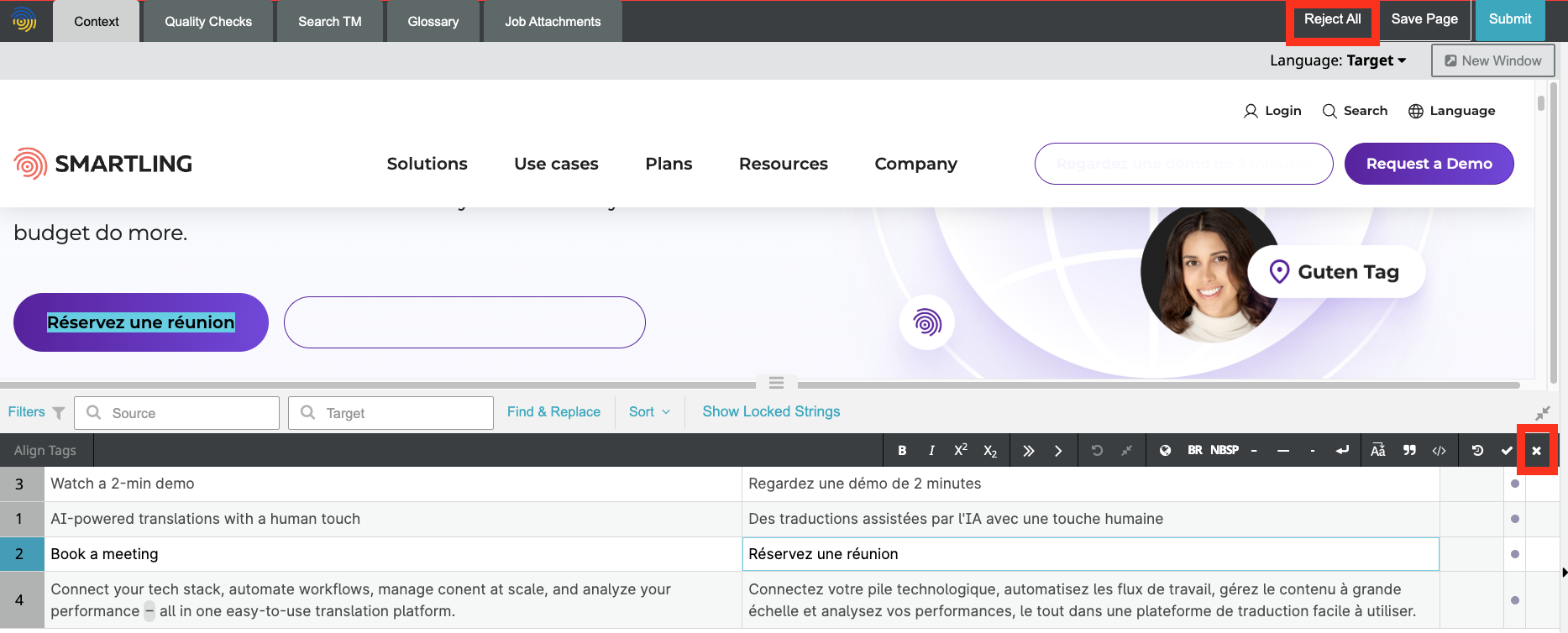 Smartling CAT tool showing English source strings, French translations and visual webpage context