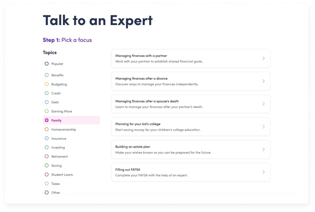 SmartPath interface for choosing a financial coaching topic