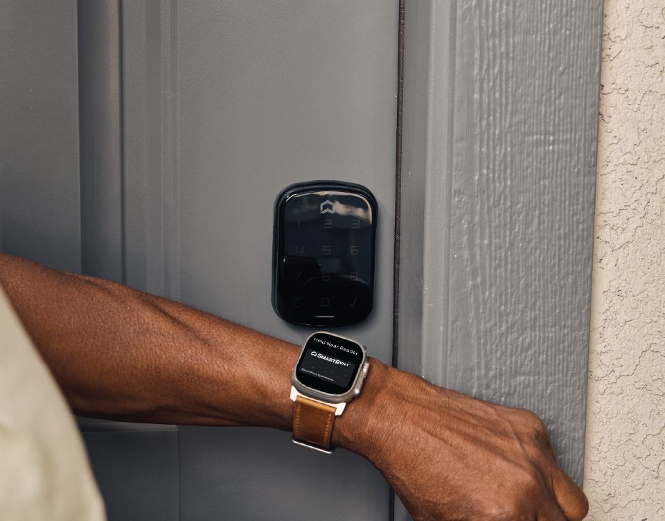 Smart lock hardware pictured in SmartRent’s product photography
