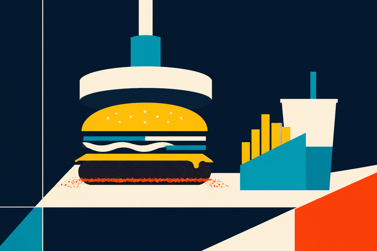 Abstract Swiss-style illustration of a burger beneath a press, with fries and a shake