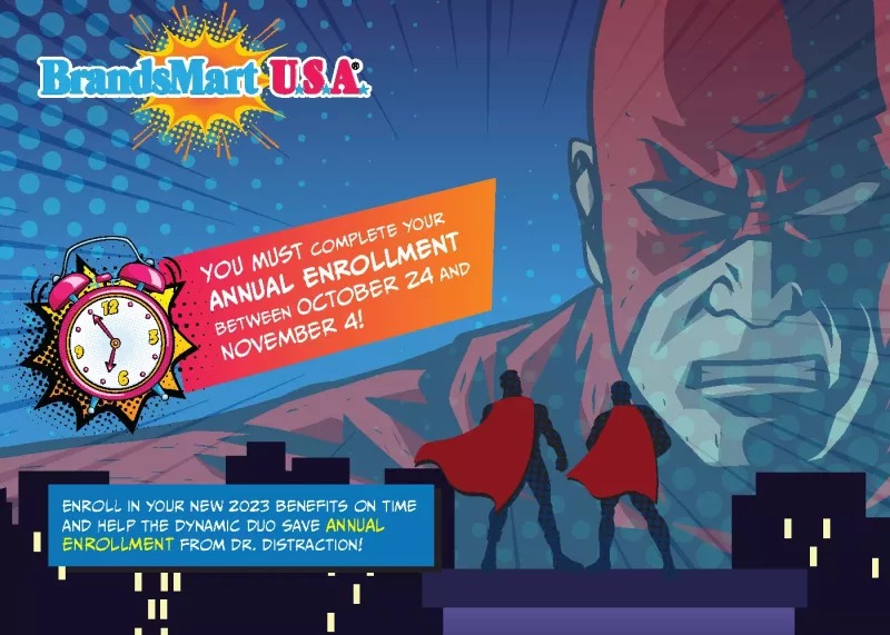 Comic-inspired BrandsMart USA annual benefits enrollment campaign created by Smith Communication Partners