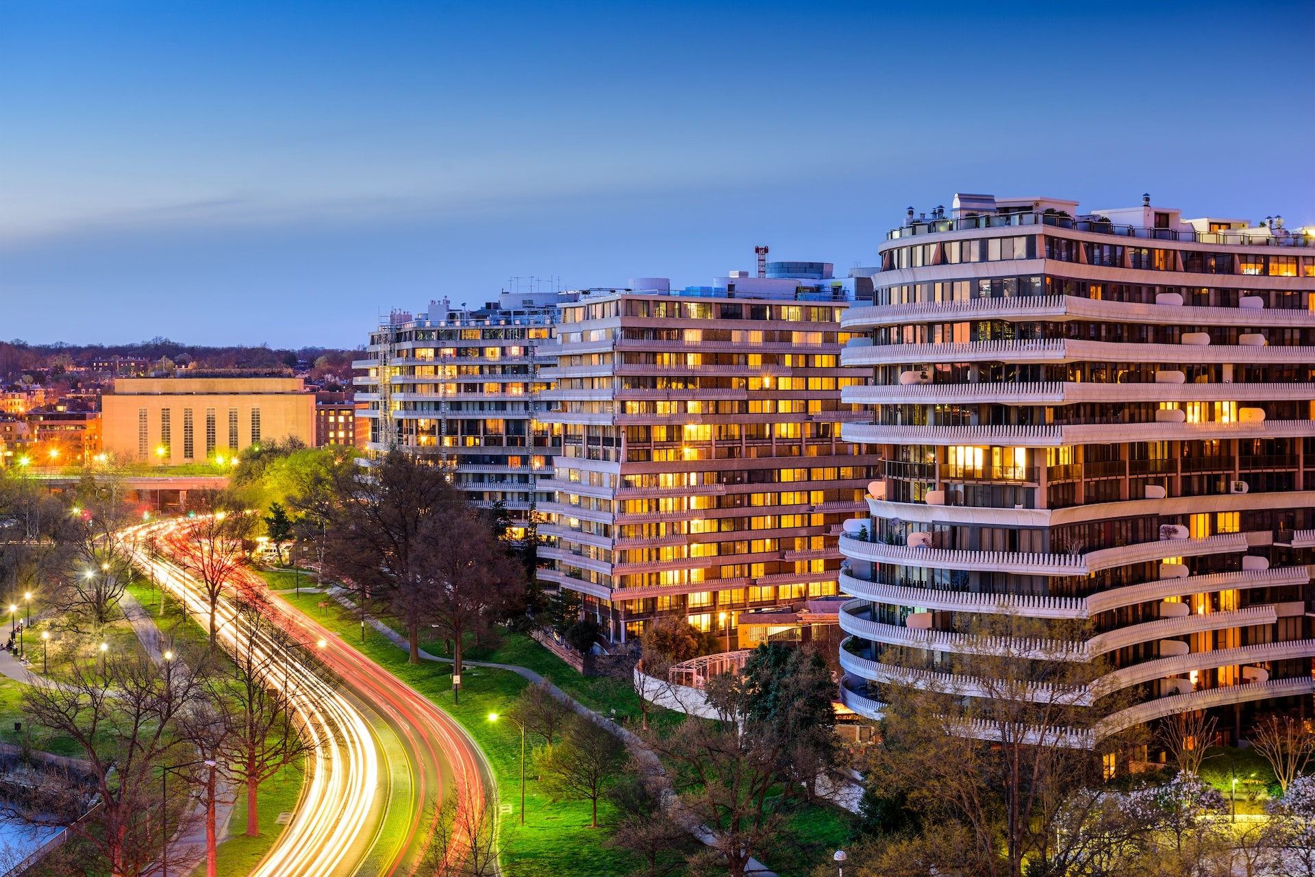 Apartment buildings in Washington at dusk