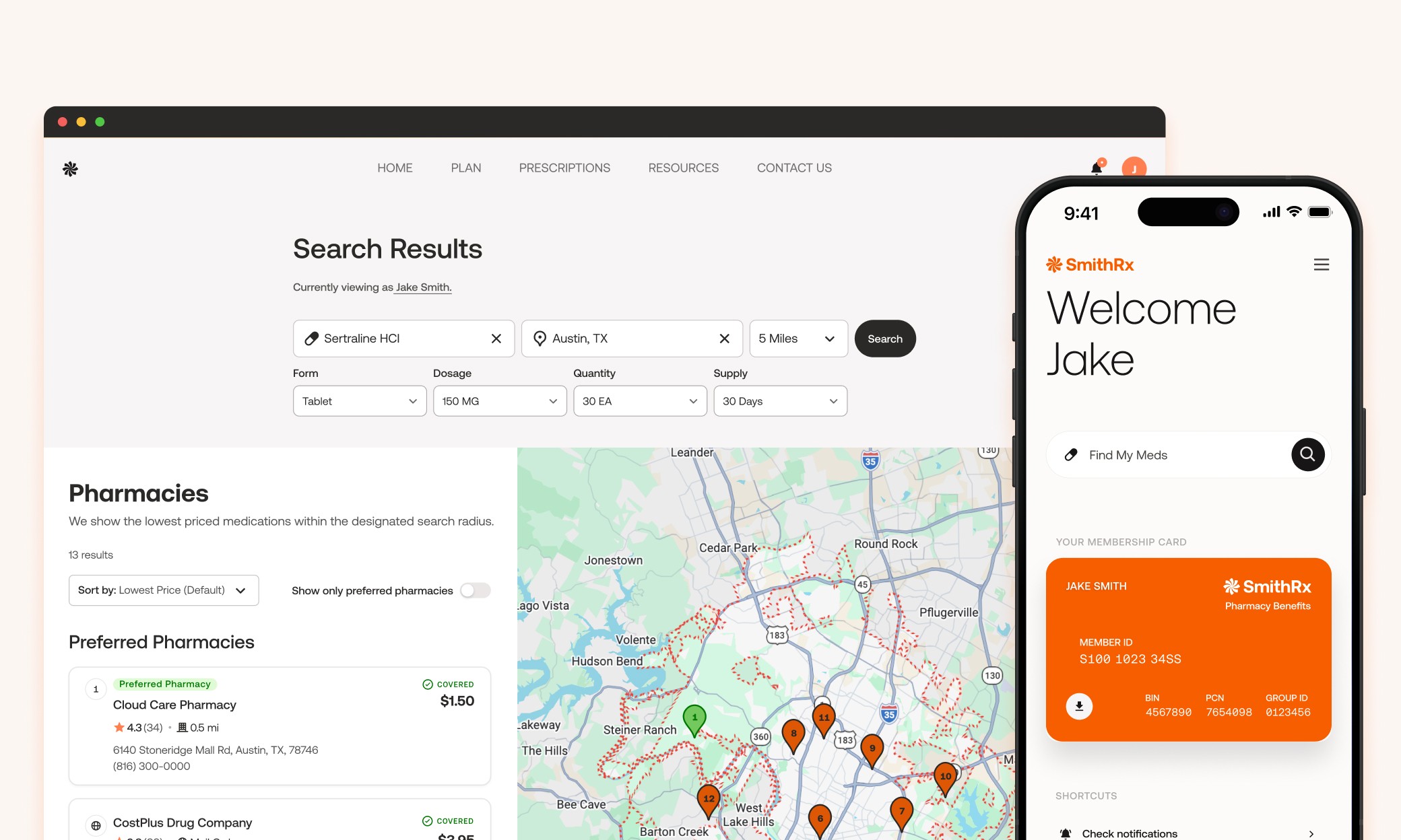 SmithRx Find My Meds desktop and mobile interface