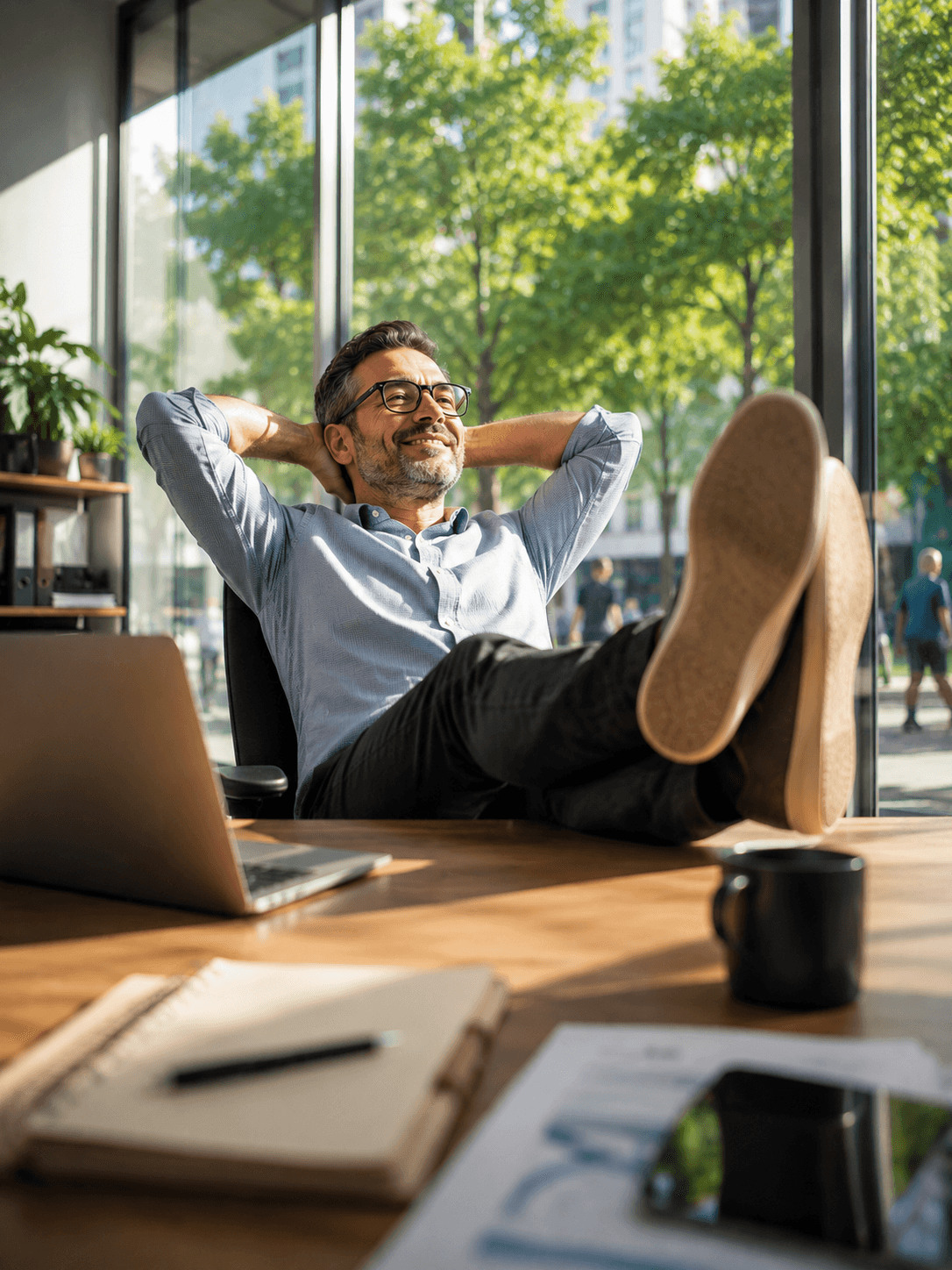 A business owner leaning back at a desk in SMRT Systems campaign photography