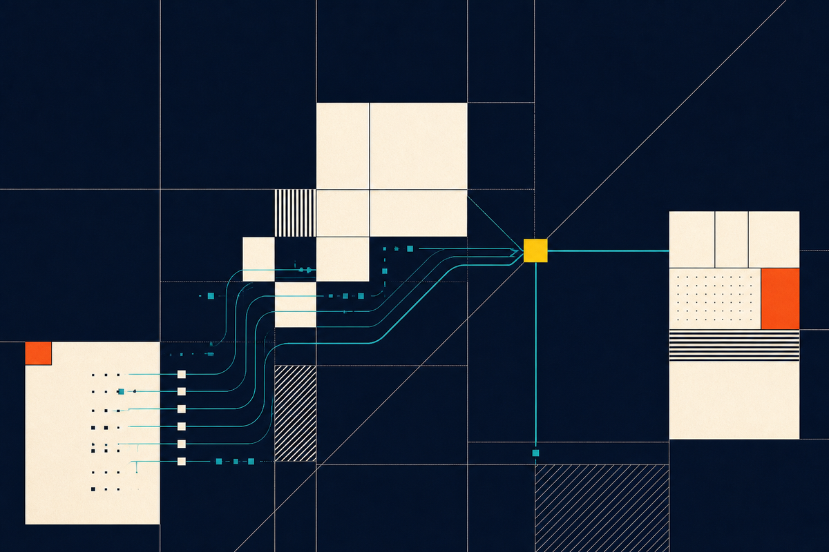 Abstract Swiss-style network showing data moving through secure systems toward a decision point