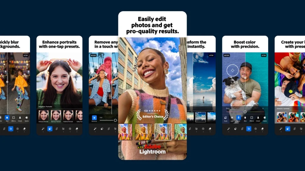 Snack Bar’s Lightroom portfolio: a sequence of app store screenshots showing portraits, editing tools, and everyday photography