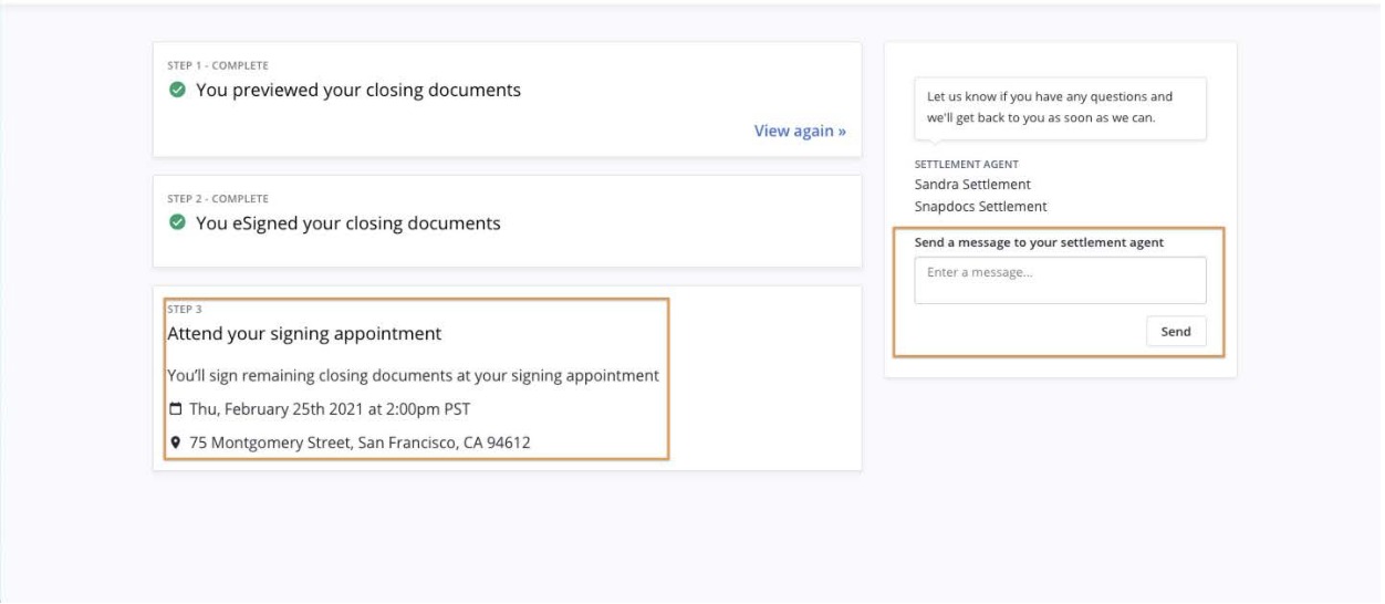Snapdocs borrower portal showing completed document preview and e-signing steps before an in-person signing appointment