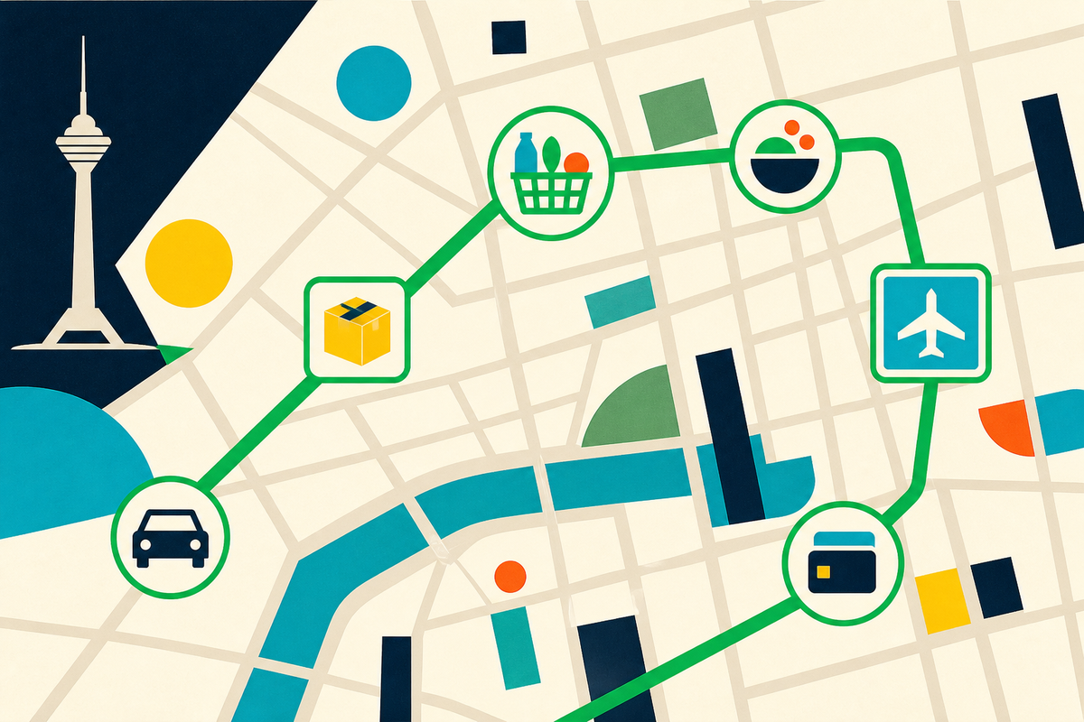 Abstract Swiss-style map connecting symbols for a car, parcel, groceries, food, travel and payment