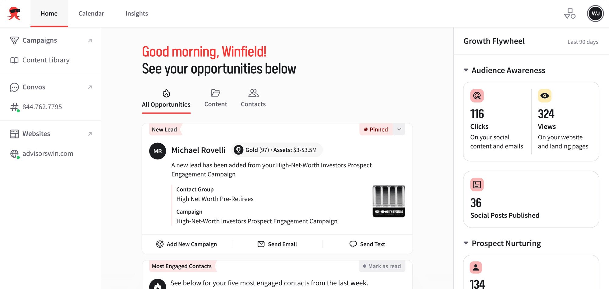 Snappy Kraken marketing dashboard showing advisor campaign and engagement data