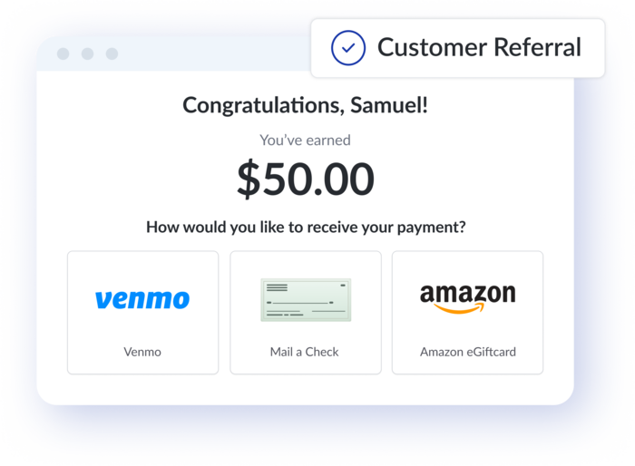 Snoball’s illustrative referral payout screen offers Venmo, a mailed check or an Amazon gift card for a sample $50 reward.