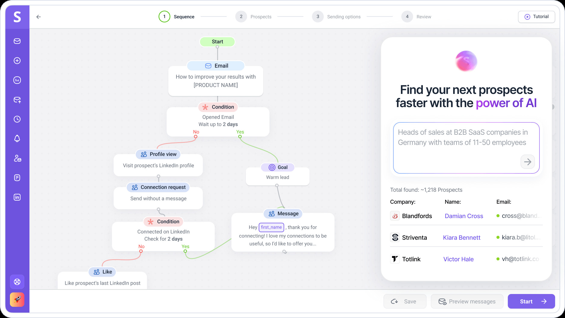 Snov.io campaign builder showing a multistep outreach sequence