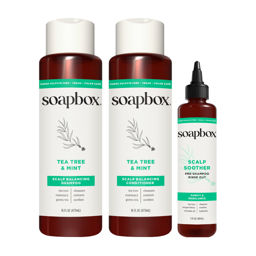 Soapbox Tea Tree and Mint scalp-balancing shampoo, conditioner, and scalp treatment