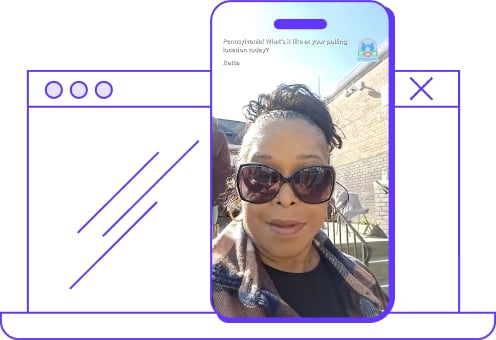 Illustration of a voter recording a vertical smartphone video for an Empower Project campaign