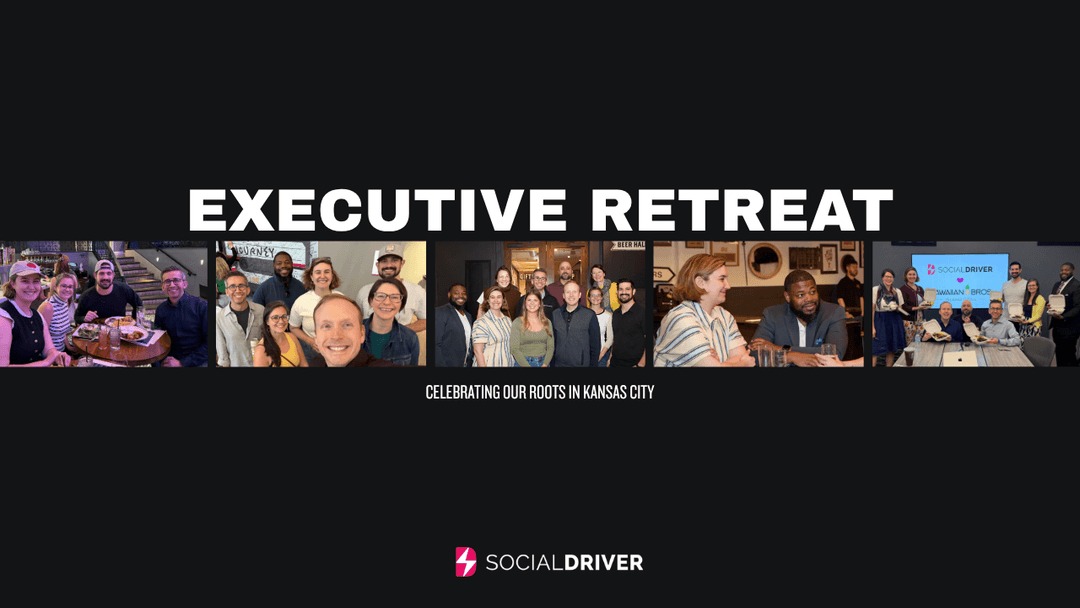 A collage of Social Driver staff and founders at a Kansas City executive retreat and fifteenth-anniversary gathering