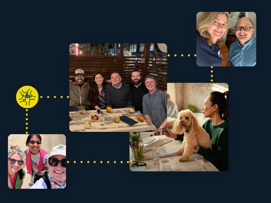 A collage of Social Factor team members meeting, working remotely and spending time together