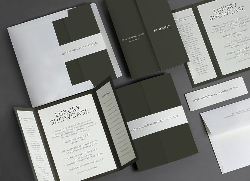 Folded Luxury Showcase invitations featuring St. Regis and The Luxury Collection branding
