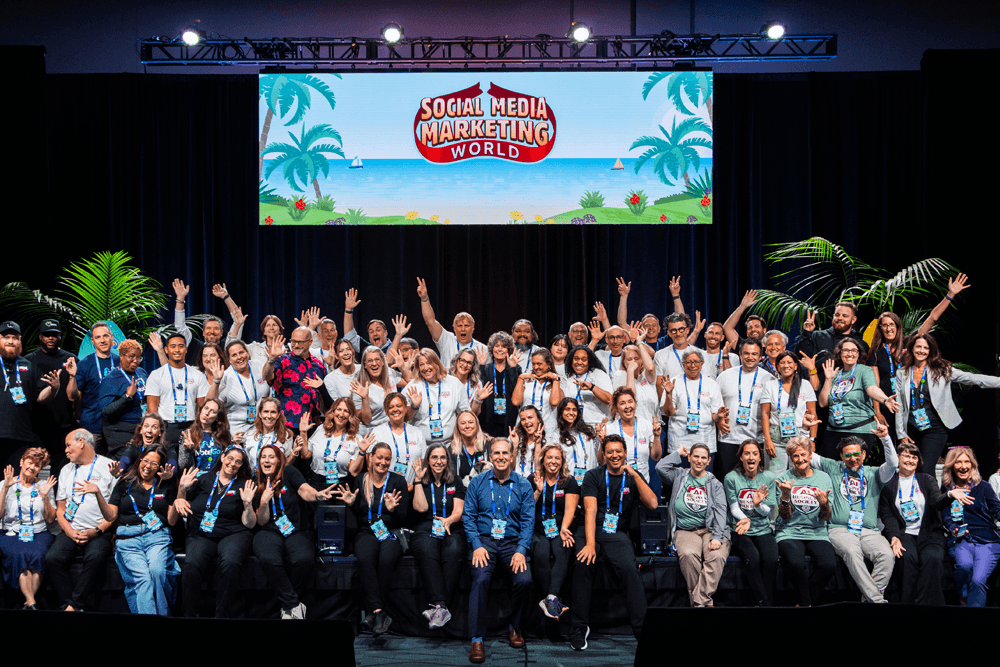 Social Media Marketing World 2026 event crew gathered on stage