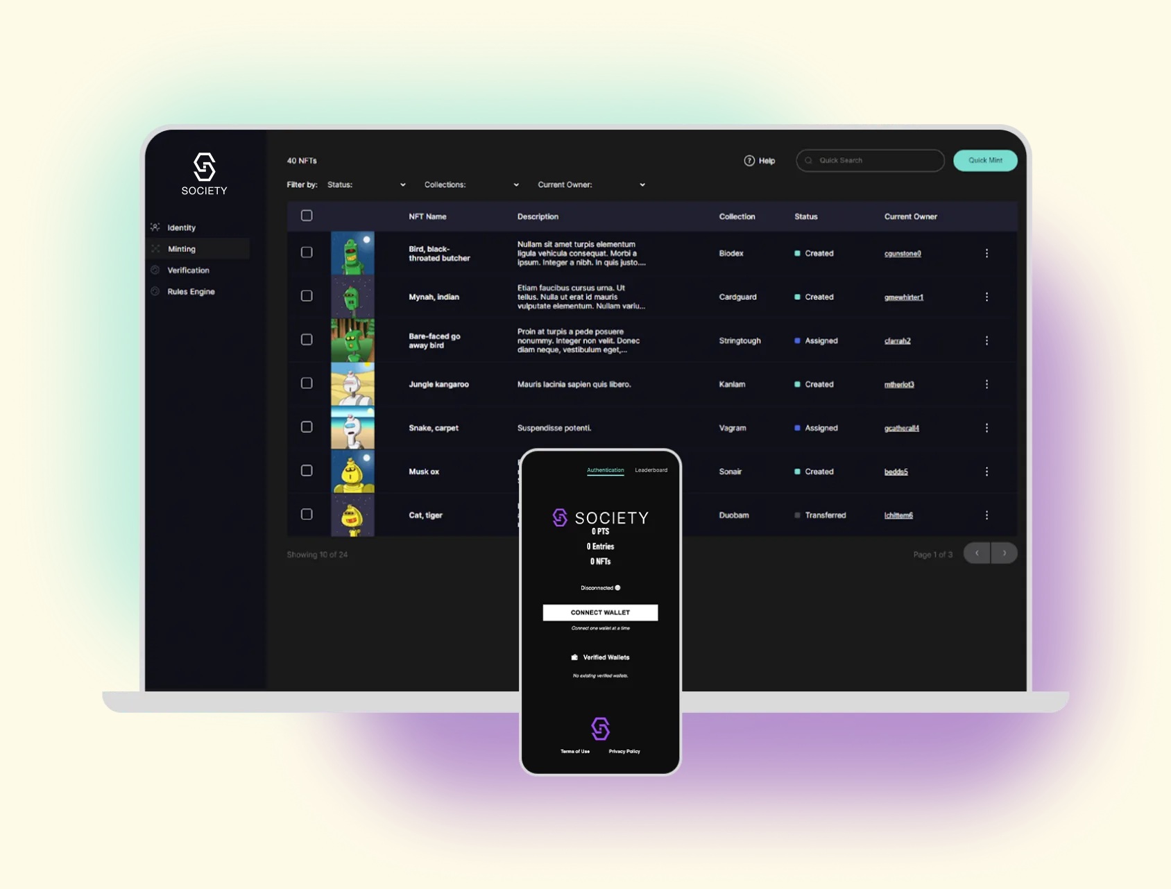 Society product illustration showing a collectible management dashboard and mobile wallet connection