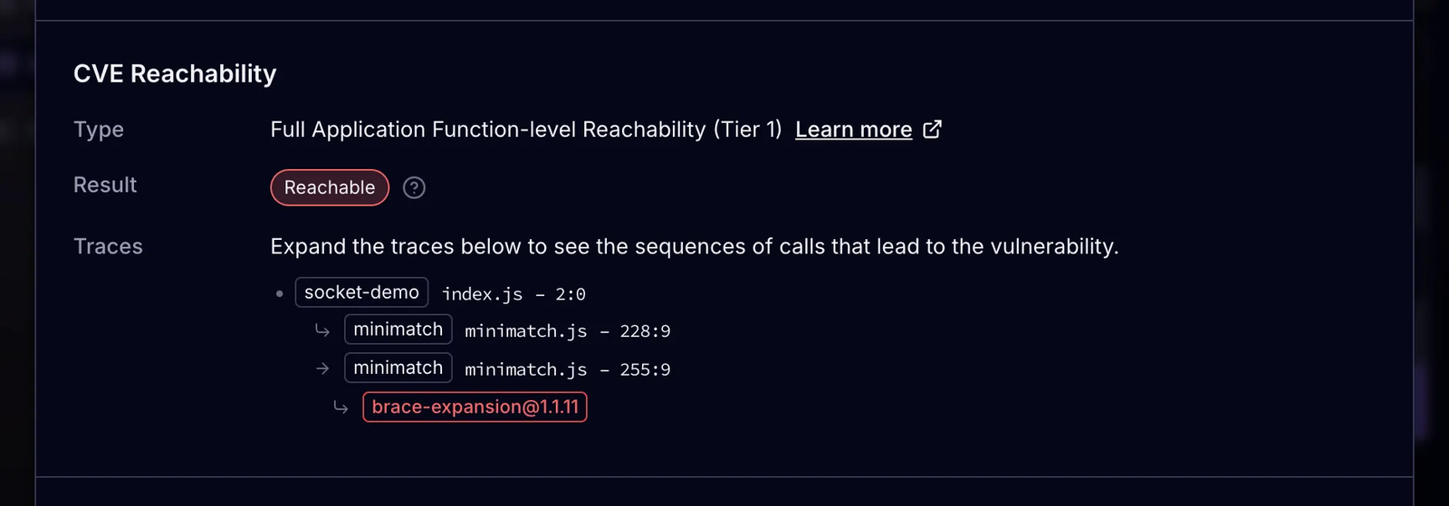 Socket dashboard showing a function call trace from application code into a vulnerable dependency