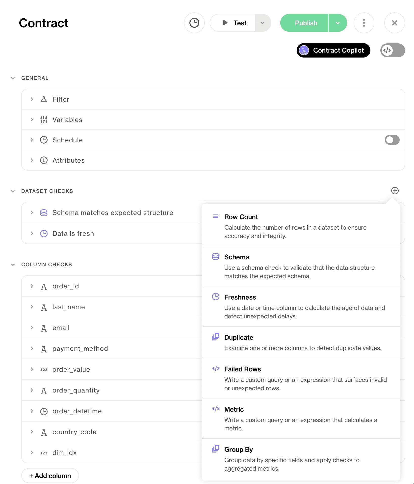 Soda contract editor with Contract Copilot and a menu of dataset checks