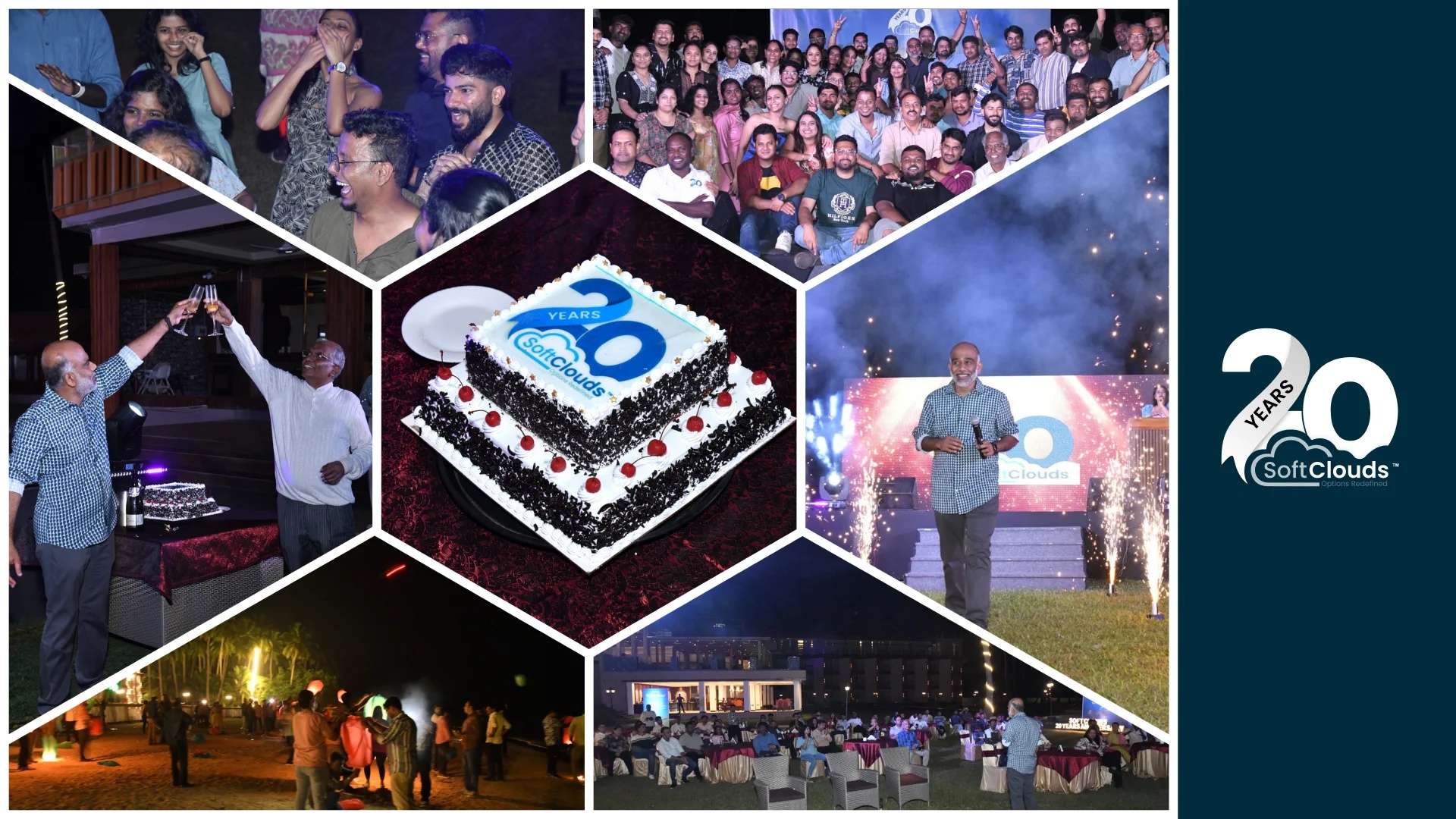 Collage of SoftClouds colleagues celebrating their twentieth anniversary with a group portrait, speeches, and a cake