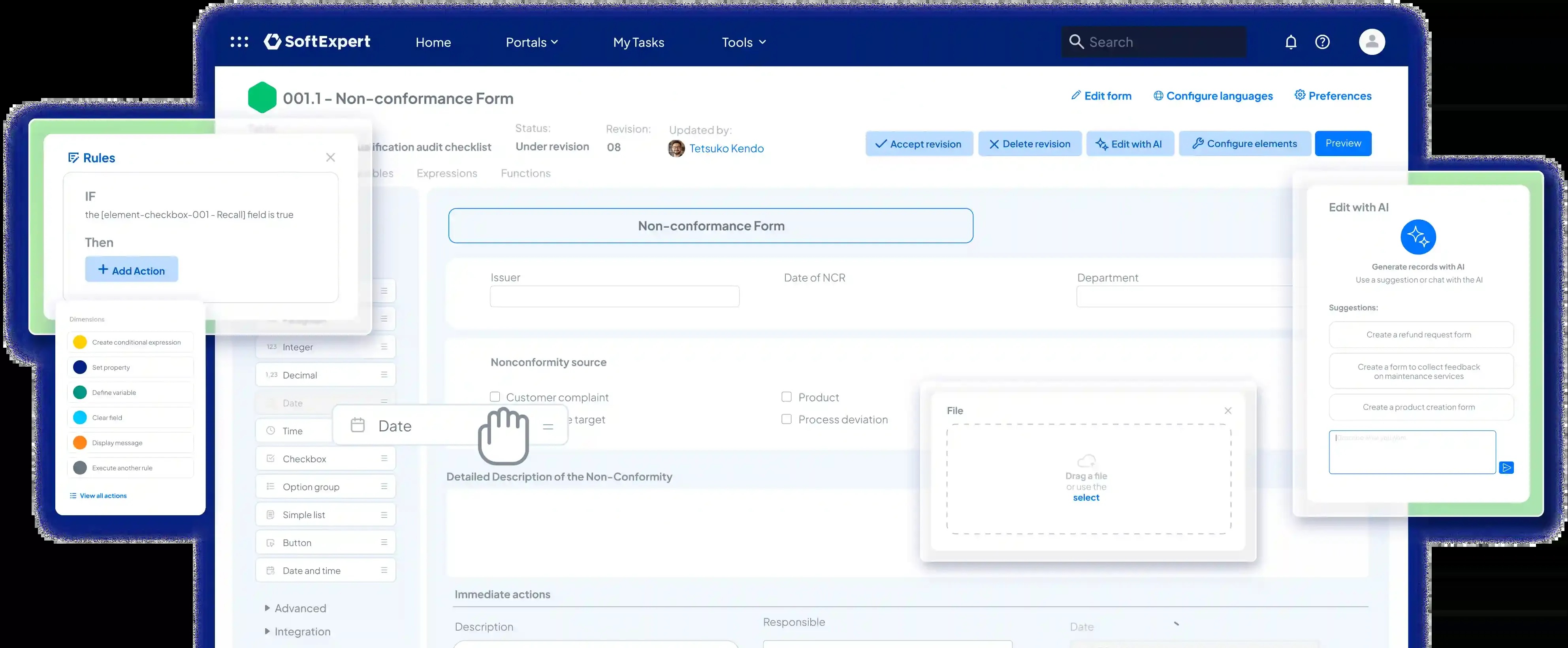 SoftExpert promotional interface showing a nonconformance form, conditional rules and an AI editing assistant