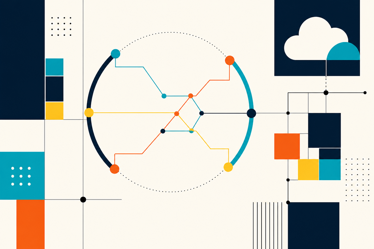 Abstract Swiss-style composition of connected nodes, modular blocks and cloud forms