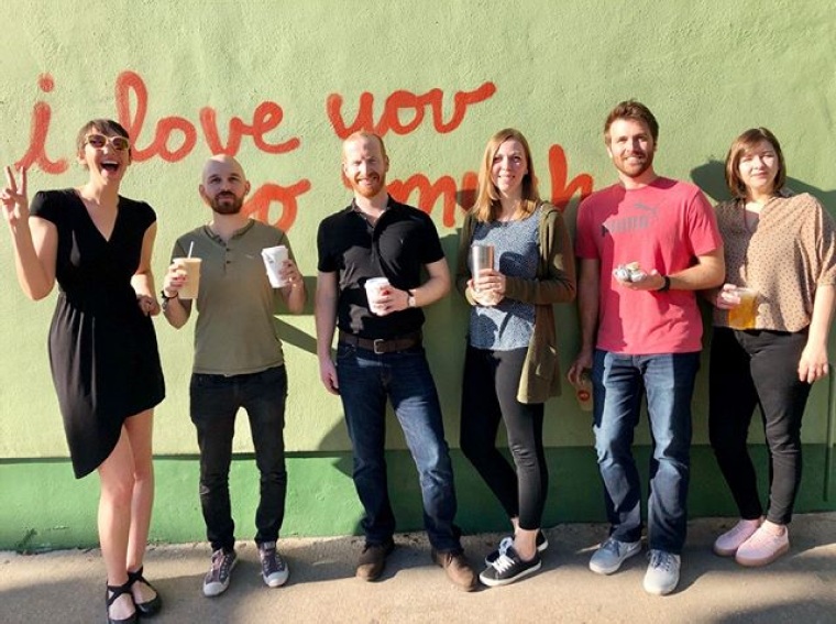 Software Advice team members pictured together during a coffee break
