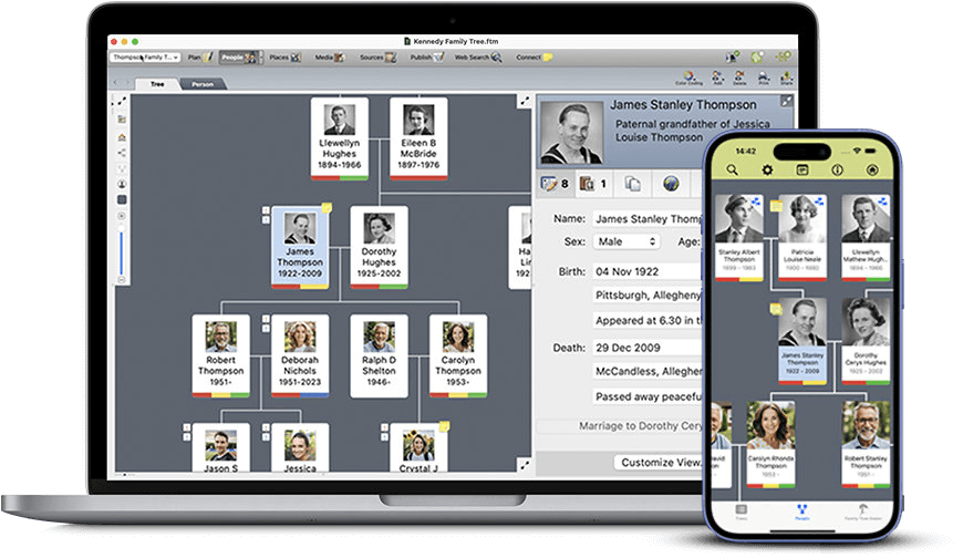 Family Tree Maker product illustration showing a relative’s comment on a family tree