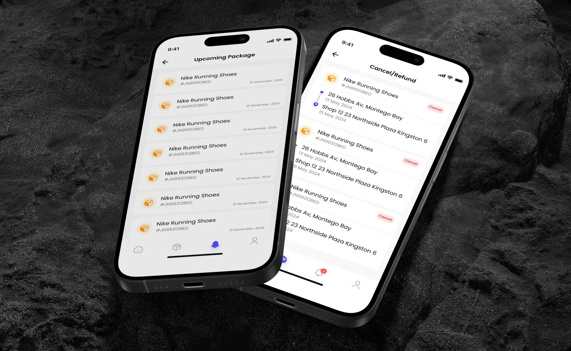 Software Orca’s Tech Transit product mockup, showing package lists and delivery details on two phones