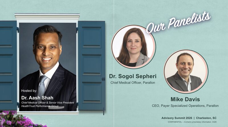 Panel graphic featuring host Aashish Shah and panelists Sogol Sepehri and Mike Davis at the 2026 HealthTrust Executive Advisory Summit