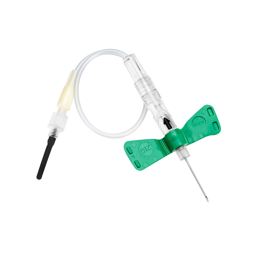 Sol-Guard safety pull-button blood collection set with winged needle assembly and tubing